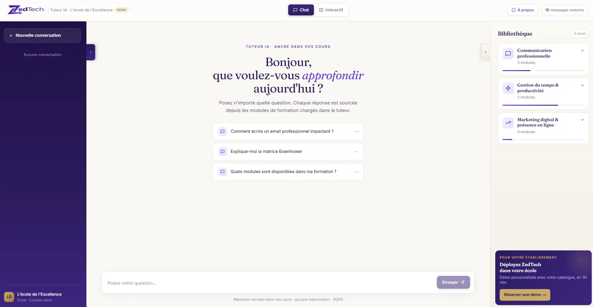 Interface du Tuteur IA : chat ancré dans les cours, bibliothèque de modules à droite